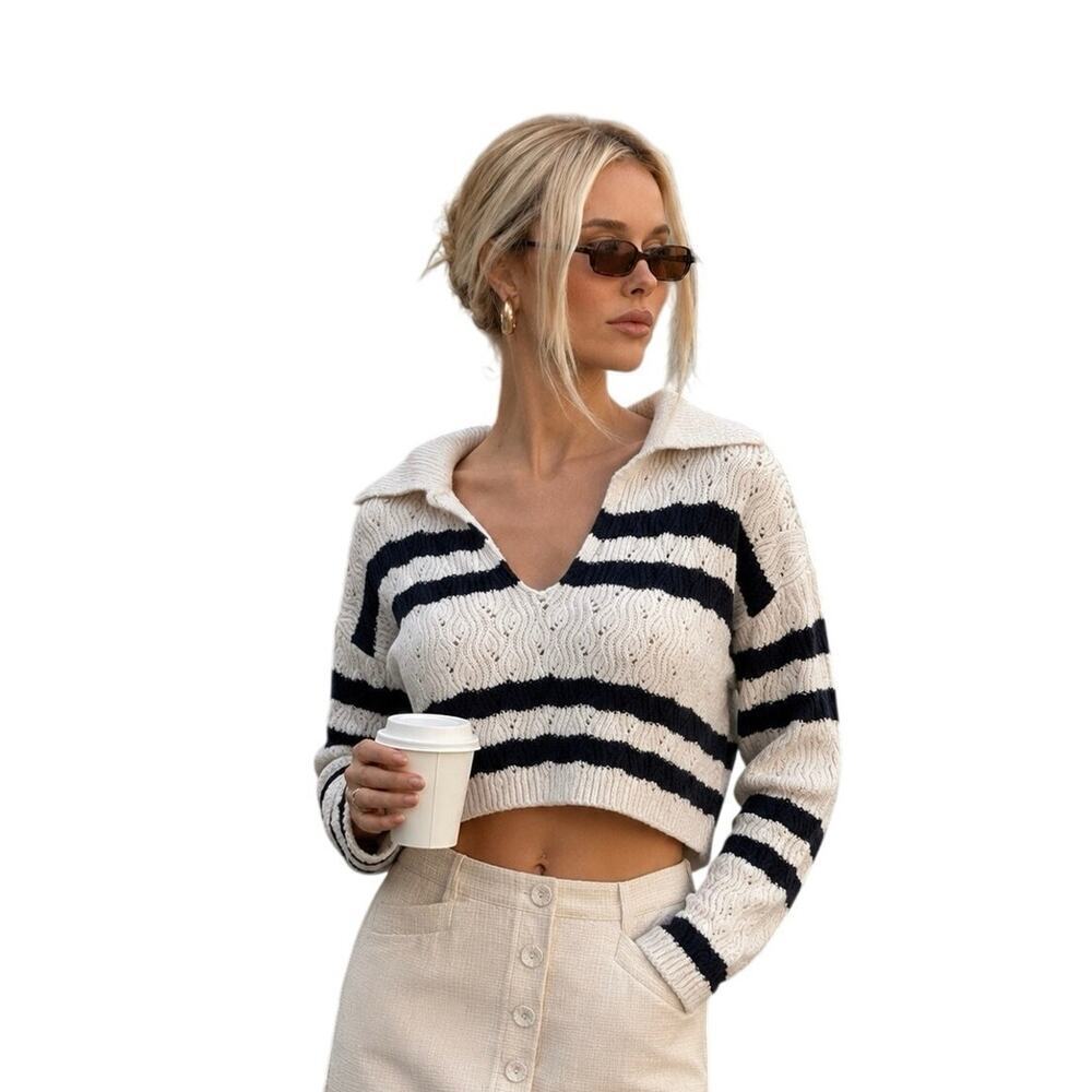 Forever 21 Striped Collared Crop Sweater Ivory Navy Cable Knit Women’s S